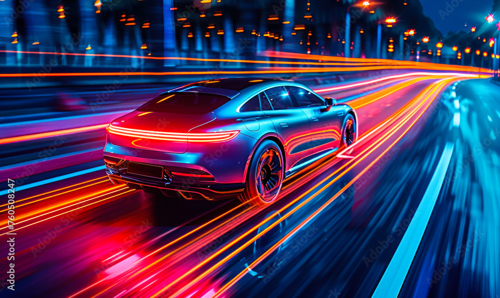 Poster high-speed autonomous vehicle with dynamic light trails on a highway, representing the concept of fu