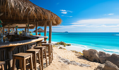 Fototapeta premium Idyllic beach bar with stools and umbrellas on sandy shore offering a tranquil place for relaxation and socializing with a view of the ocean horizon