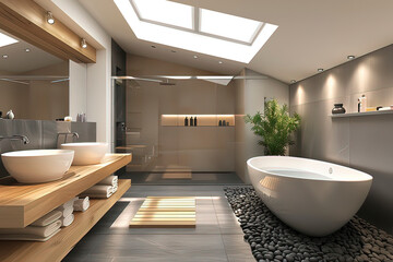 Apartment bathroom model room. AI technology generated image