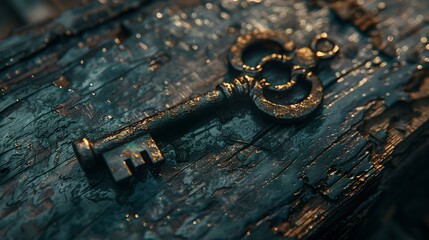 Vintage skeleton key on a dark wooden surface. antique charm, mystery concept image. perfect for themed graphics. rustic, retro style photo. AI