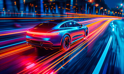 High-speed autonomous vehicle with dynamic light trails on a highway, representing the concept of futuristic transportation and electric vehicles