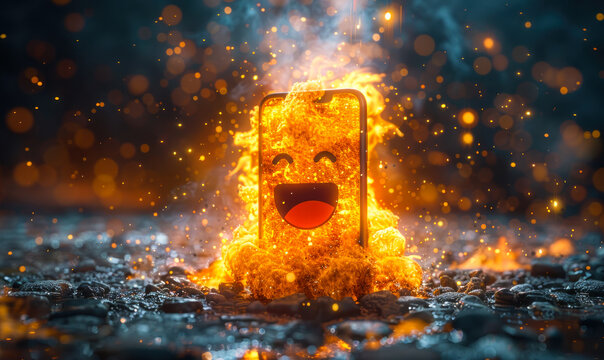 Naklejki Dynamic 3D smartphone emitting a burst of golden emoji faces with heart eyes, depicting online engagement, social media interaction, and digital communication
