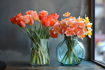 Beautifully arranged against a textured backdrop, glass vases hold a collection of vibrant tulips and daffodils.