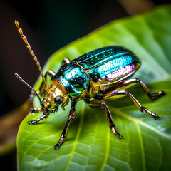 Macro shot of a metallic insect on a leaf.