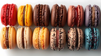 Colorful french macarons in a row, sweet dessert selection. a variety of flavors in vibrant colors. ideal for bakery or food styling. great for a menu. AI