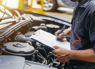 Auto check, car service shop concept. Automobile repairman writing job checklist on clipboard, mechanic checking engine to estimate repair machine, inspecting maintenance by engineer at vehicle garage - obrazy, fototapety, plakaty
