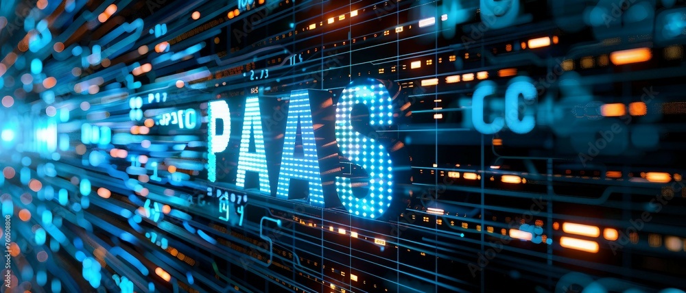 Poster digital blue matrix binary code forms the acronym paas , symbolizing the concept of platform as a se