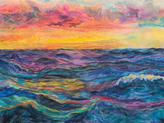 Fototapeta na wymiar A painting depicting a vivid sunset with warm hues cascading over the ocean waves, creating a stunning view