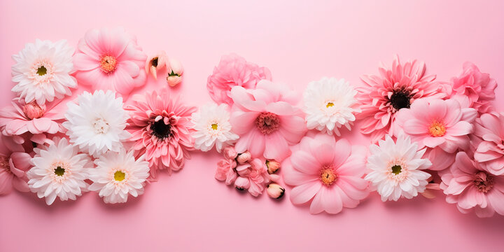 Flat lay composition of spring colorful gerbera flowers on a pink background, background with space for text