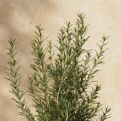 Rosemary plant, isolated, beige background, close-up, daylight, minimalism, dream-like quality, high resolution, epic details, natural lighting, eco color palette, photography, copy space