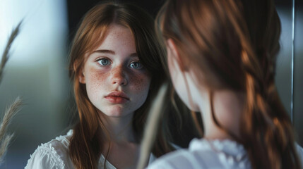 a young girl with freckles looks into the frame - obrazy, fototapety, plakaty