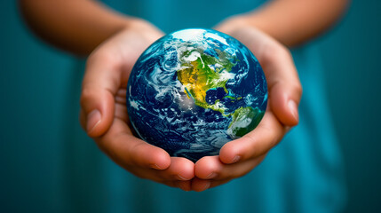 Concept of Environmental Care, Ecology, Sustainability and Climate Awareness: Hands Holding an Earth Globe. Happy Earth Day Concept.