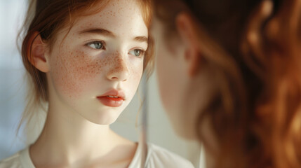 young redhead girl with freckles looks in the mirror, reflection, sensitive - obrazy, fototapety, plakaty