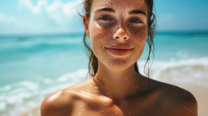 close-up, a girl with freckles on her face is wet after swimming in drops, enjoying the sun, sunbathing on the beach near the sea