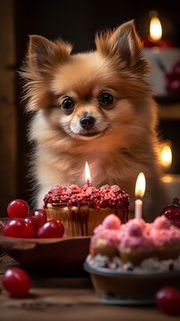 A luxurious cake with cherries arranged in a heart shape, next to it is a chihuahua