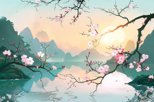 Illustrations of Spring Scenery and Landscape. AI technology generated image