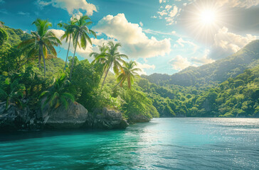 A tropical paradise with lush green palm trees, turquoise water and white sandy beaches. The sun is shining brightly over the blue sky in a beautiful summer day - Powered by Adobe