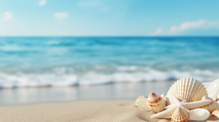 Tranquil coastal beauty shells on sandy beach, serene reminder of scenic allure, travel concept