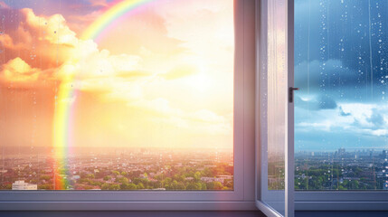 view of the city from the window, good weather, rainbow after rain, drops on the window