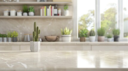 Empty Beautiful table top with cactus and blur bokeh modern kitchen interior background in clean and bright, Ready for product montage