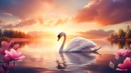 Graceful swan gliding on serene lake, a tranquil and serene natural beauty in the peaceful landscape