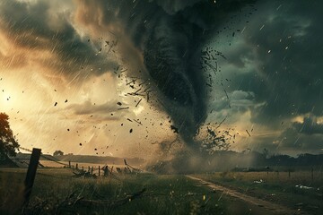 Obraz na płótnie Canvas A large tornado is tearing through the countryside, emerging from a vast field with great force and intensity. Generative AI