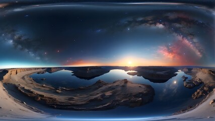 projection of an environment map in 360 degrees equirectangularly over a space background featuring stars and nebulae. HDRI panorama picture - obrazy, fototapety, plakaty