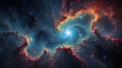 Vibrant cosmic cloud nebula in space captured in an HDRI panorama. Starry, night sky. Astronomy and universe science. Nebulae, galaxies, and supernova backdrop wallpaper in space.  - obrazy, fototapety, plakaty