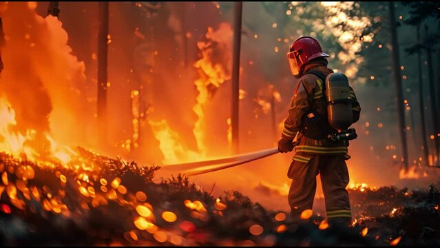 Experienced Firefighter Extinguishing a Wildland Fire Deep in the Woods. Professional in Safety Uniform and Helmet Spraying Water to Fight Large Flames Spreading Through Trees
