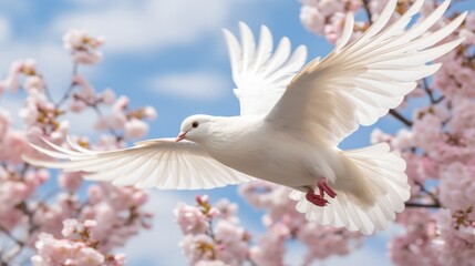 White dove elegantly flying under sunlit sky with blooming sakura trees in background