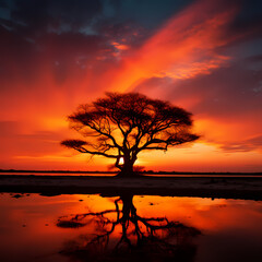 Silhouette of a lone tree against a fiery sunset. 