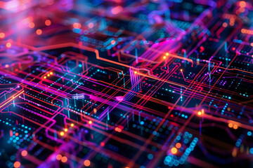 Fototapeta na wymiar A close-up perspective of an artificial intelligence system generating complex algorithms in a digital workspace, with vibrant lines and patterns symbolizing the flow of data and i