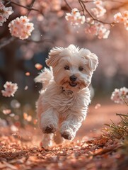 White Maltese dog running under the cherry blossom tree