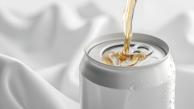 White aluminium can pouring beer or soda on white background. copy space.  generative ai  