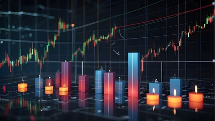 Concept of Stock Market and Investment. The notion of online trading, blockchain technology, and protection of a graph chart with a developing digital candlestick on a dark technical background is pre