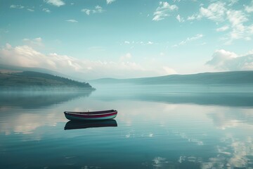 A boat gently drifting on a vast expanse of water with a calm and reflective surface. Generative AI