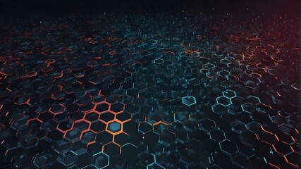 Abstract futuristic backdrop including hexagons, in the manner of multi-layered geometry, dark azure, recycled materials, and volumetric lighting. - obrazy, fototapety, plakaty