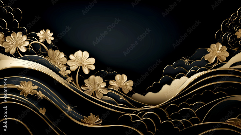 Canvas Prints Horizontal Luxury Image of Elegant Gold Pattern on Black Background in Japanese Style