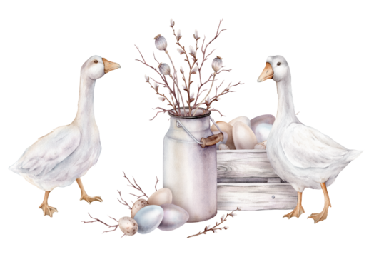 Cute watercolor illustration wooden box made of white gray with chicken and quail eggs and willow branches. Goose and bouquet of in metal can. Hand drawn easter illustration isolated on background.
