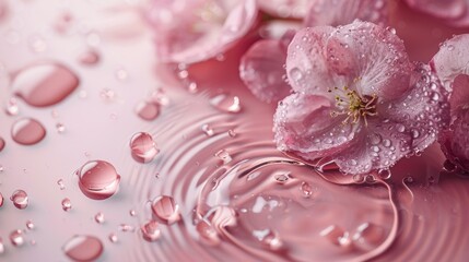 Fototapeta premium The background is a light pink with tiny water drops and waves. Simple tones of muted beige and rose hues. Add an atmosphere of luxury Draws attention to its elegance, suitable for product advertising