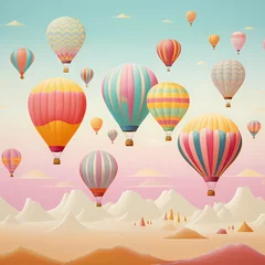 Papier Peint photo Montgolfière Whimsical hot air balloons against a pastel sky.