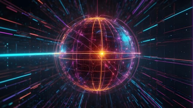 A planet's globe with neural neon nexus lines, grids, and nodes all around it. Innovative idea of technology advancement, the wallpaper of the World Wide Web, the globe on a technical backdrop, lumino