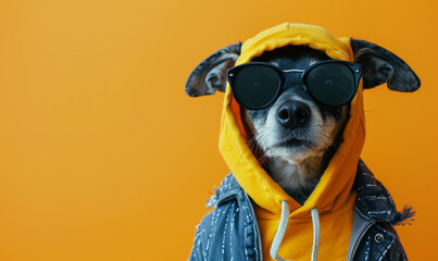 Stylish dog struts the sidewalk in trendy sunglasses and hoodie, exuding confidence and flair, colorful bright background. pet fashion concept. - obrazy, fototapety, plakaty