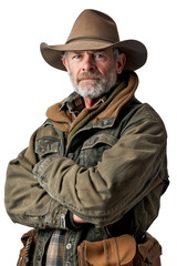 Obraz premium Portrait of a white man in rugged outdoorsman attire isolated on a white background as transparent PNG