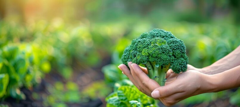 Hand holding broccoli floret with selection on blurred background, ideal for text placement