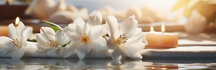 Stack of White Towels with Flowers: Spa and Relaxation Concept


