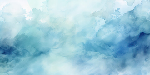 Abstract Blue Textured Watercolor Background: A Grunge Design on White Paper with Light Blue Water Stain, Splash, and Paint Artistic Vintage Brush. Soft Clouds Brighten the Gradient Ink Illustration