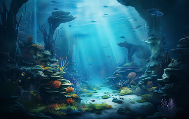 Obraz premium Sunlight shining on coral reefs on the seabed. AI technology generated image