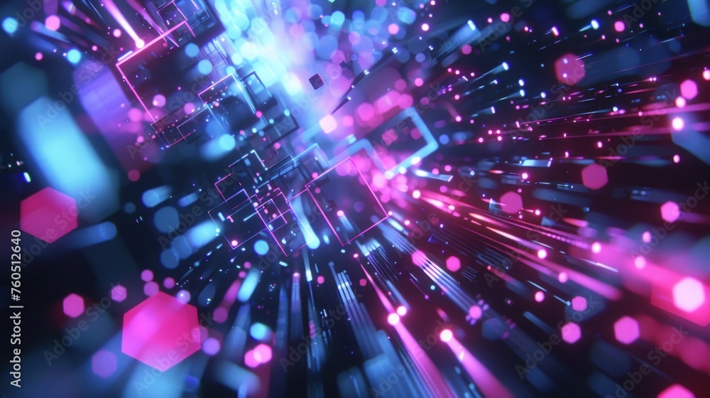 Aufkleber digital graphic and hexagon grid with neon light technology background. generate ai image