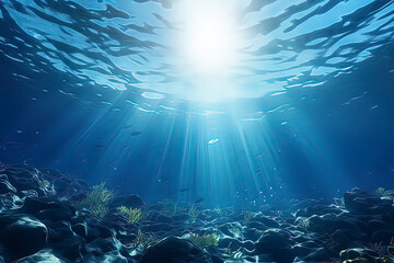 Sunlight shining on coral reefs on the seabed. AI technology generated image